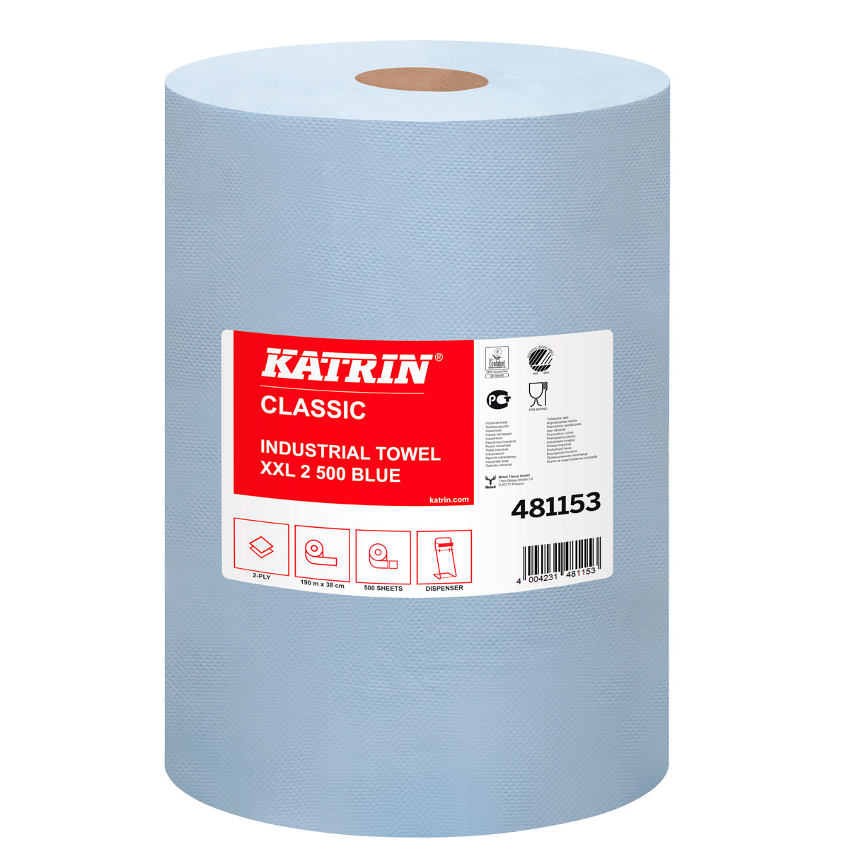 Папір для протирання в рулонах Katrin Classic Industrial XXL2 laminated, блакитний, 2 шари, 180 м, 500 листів, 1 рулон